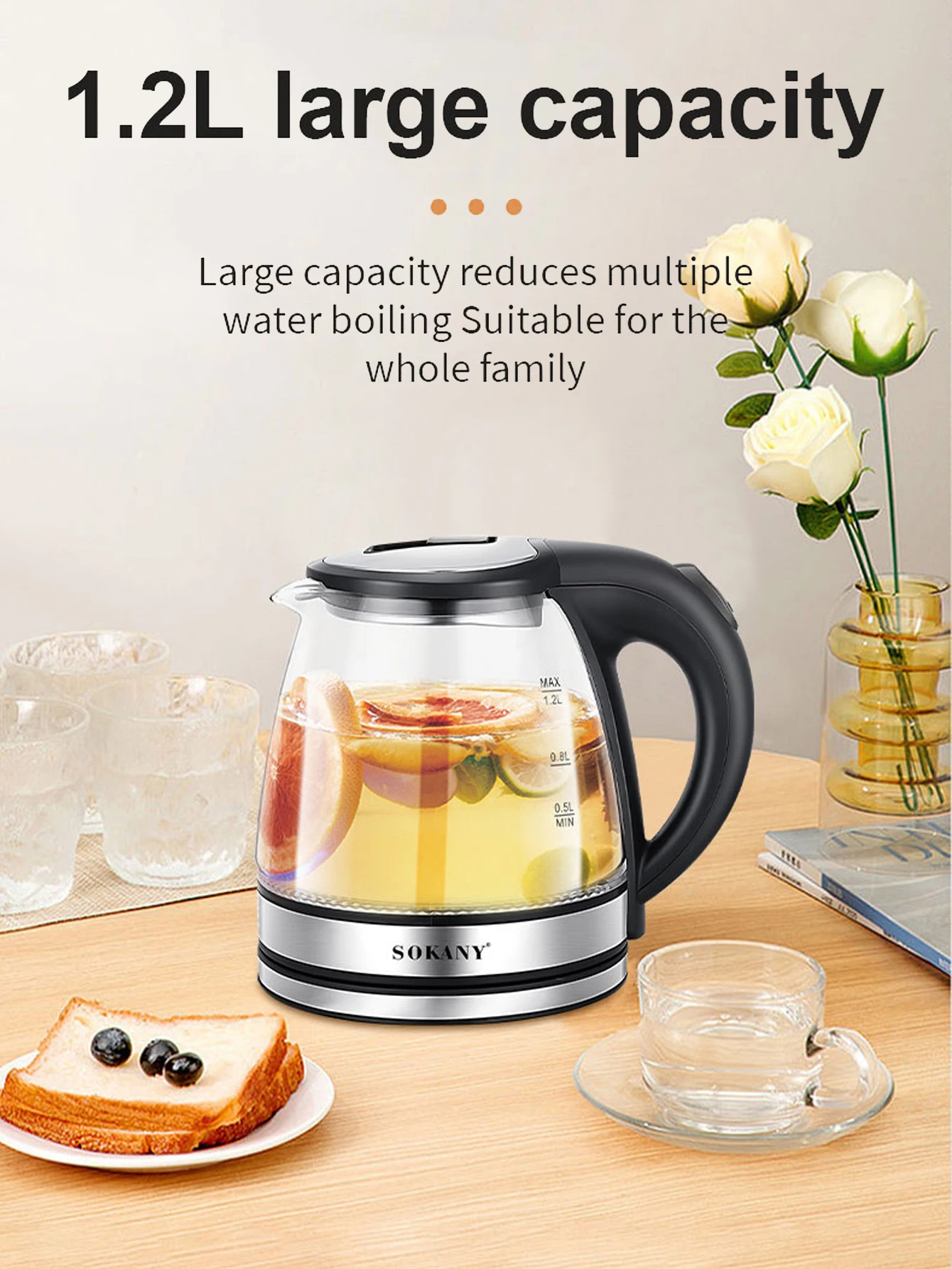 1 Sokany Plug Type 1.2L Household Hot Water Kettle With Automatic Closing, Detachable Cleaning Filter, Stainless Steel，1500W