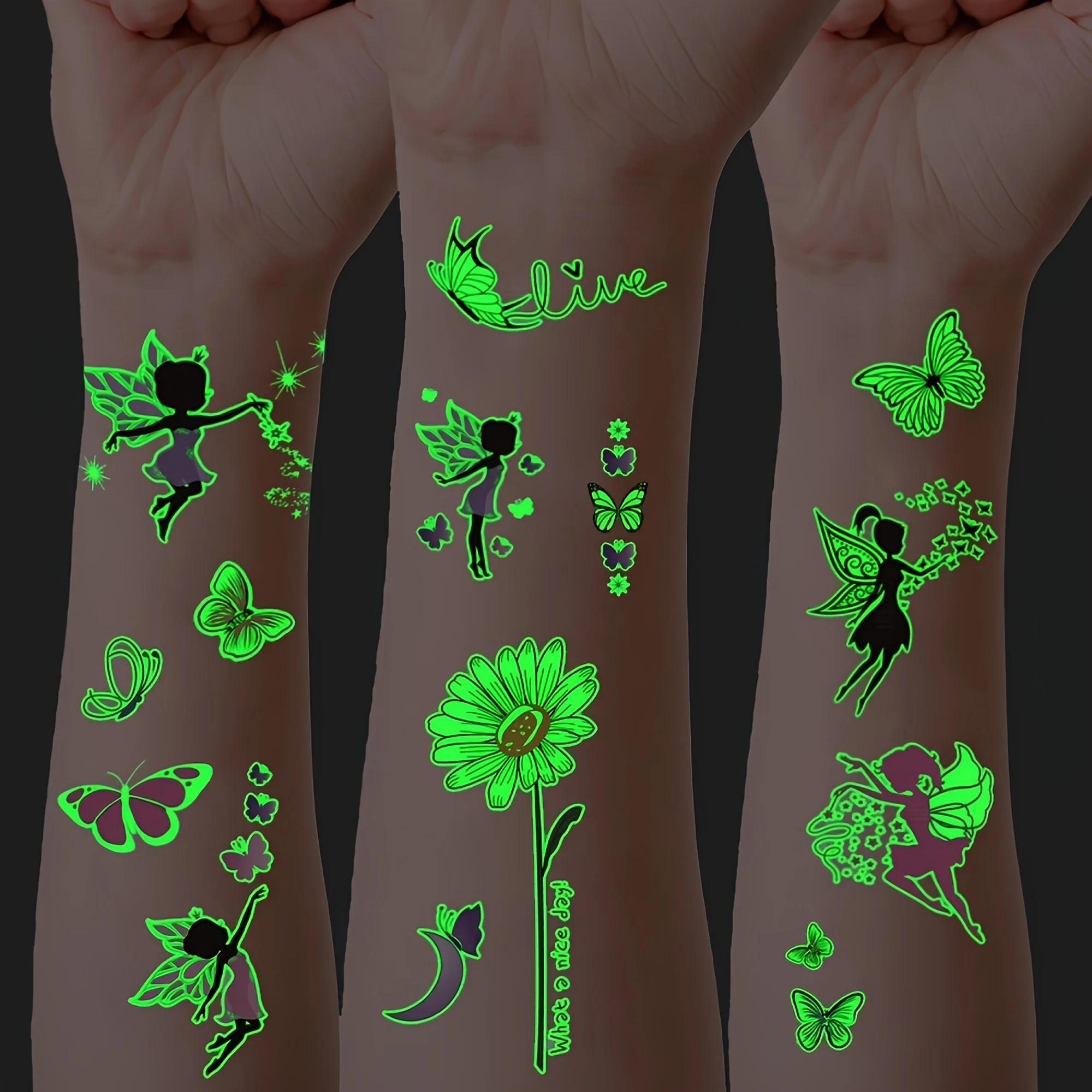12 Sheets Luminous Butterfly Temporary Tattoos For Face Hand Flower Fairy Glow In The Dark Tattoo Stickers Birthday Party Gift