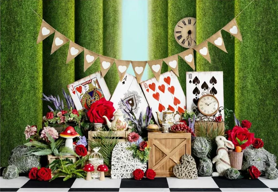 Alice In Wonderland Playing Cards Roses Backdrop Rabbits Clock Cloth Background Photo Studio Props Photography Background