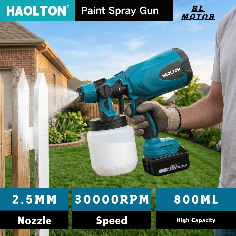 HAOLTON 21V Electric HVLP Spray Gun Cordless Paint Sprayer Portable for Home Furniture Wall Cabinets, Compatible Makita Battery