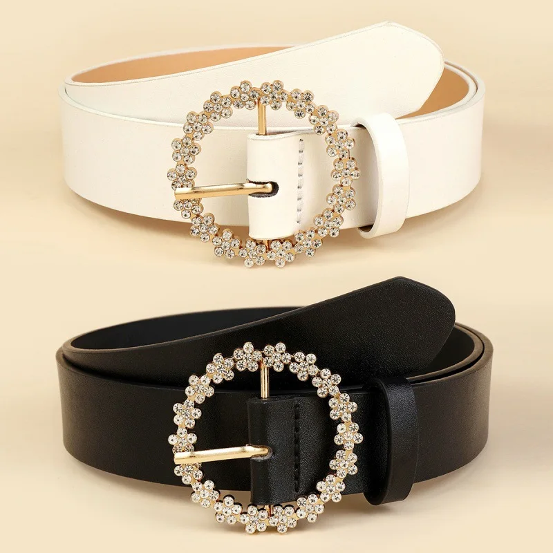 Stylish Minimalist Belt with Round Buckle and Rhinestones Everyday Versatile Women's Leather Belt Decorative Belts for Dresses