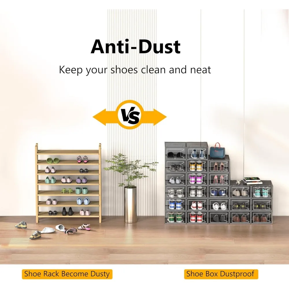 12 Pack Large Clear Plastic Shoe Storage Boxes, Stackable Modular Organizers with Lids for Closet Space Saving