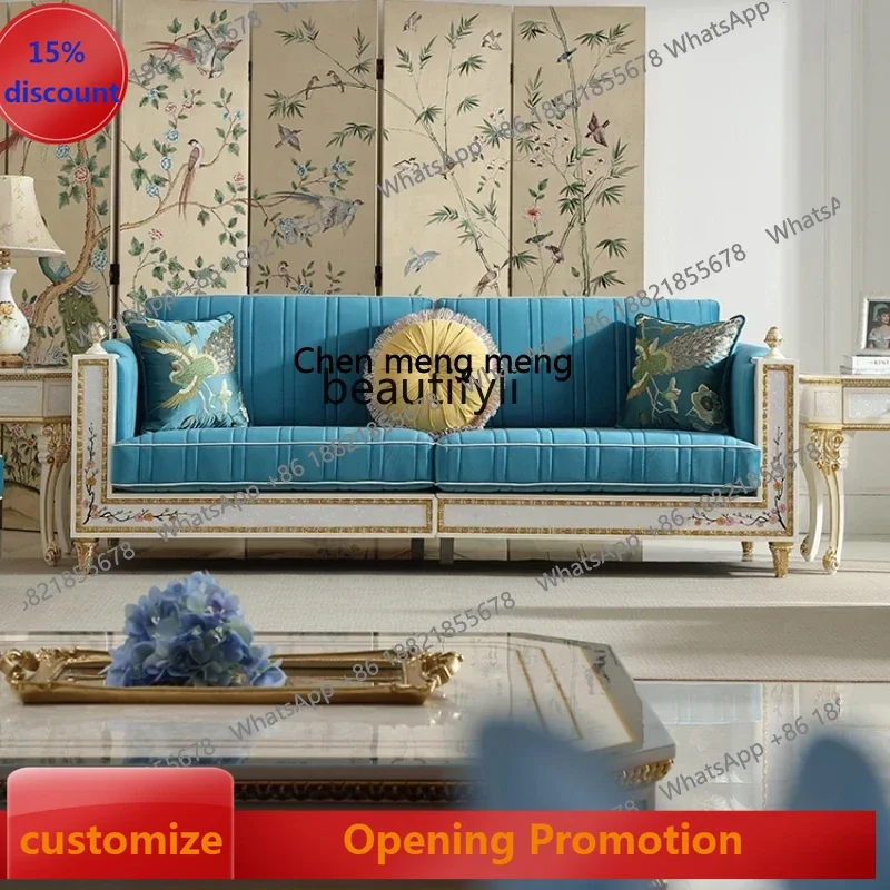 

New style Blue Fabric Sofa Combination Solid Wood Hand-Painted European Living Room Furniture ss 7304