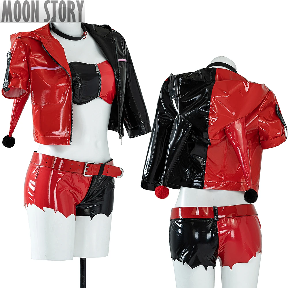 

Halloween Carnival Suicide Suit Cosplay Costume Harley Red and Black Leather Coat Battle Sexy Women Shoes Full Set