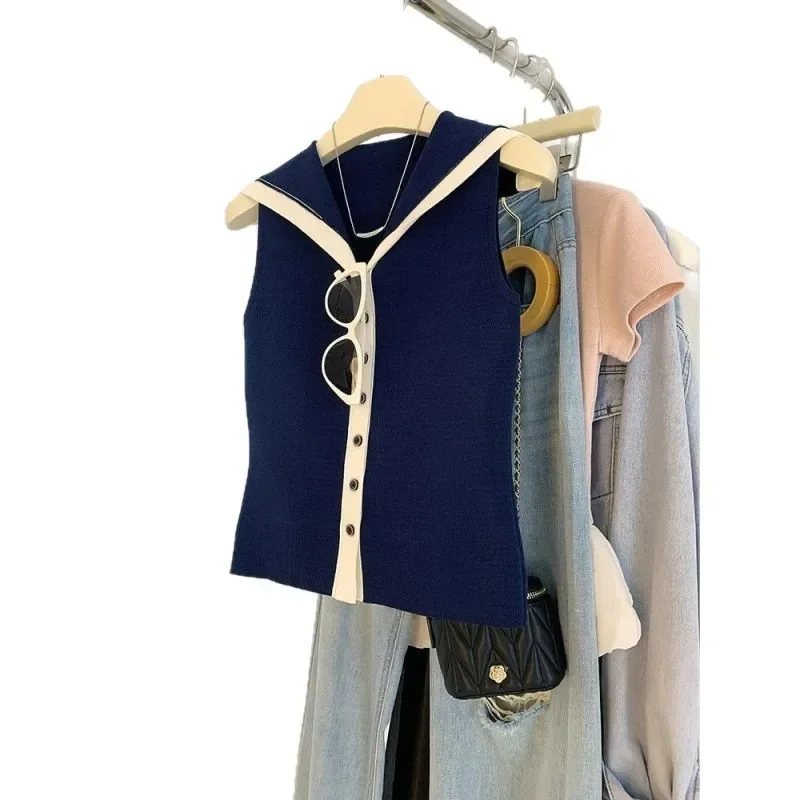 الكورية نمط كتلة اللون البحرية طوق أكمام محبوك سترة المرأة سليم صالح الصيف جديد الحلو والتوابل العصرية الأعلى #5