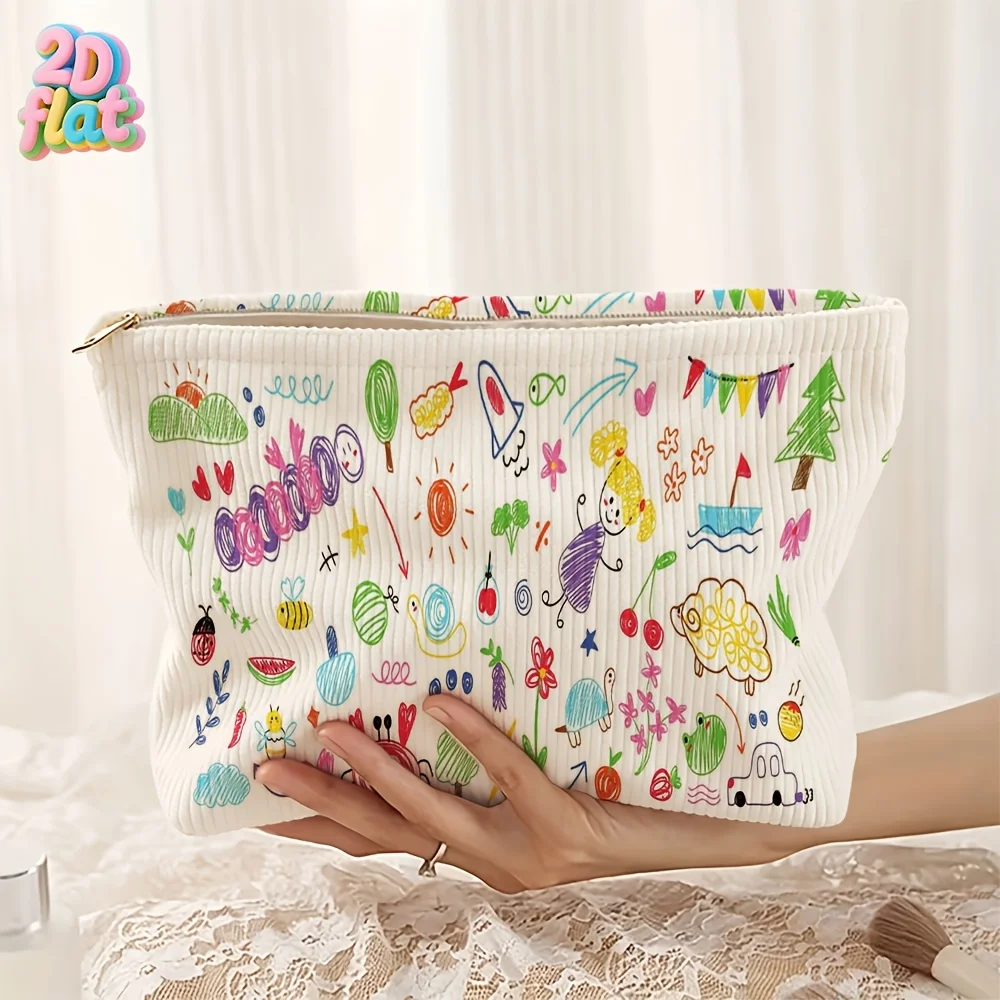 Corduroy Makeup Bag Suitable for Storing Small Items/Cosmetics, Reusable Zipper Closure Travel with Classic Cartoon Patterns
