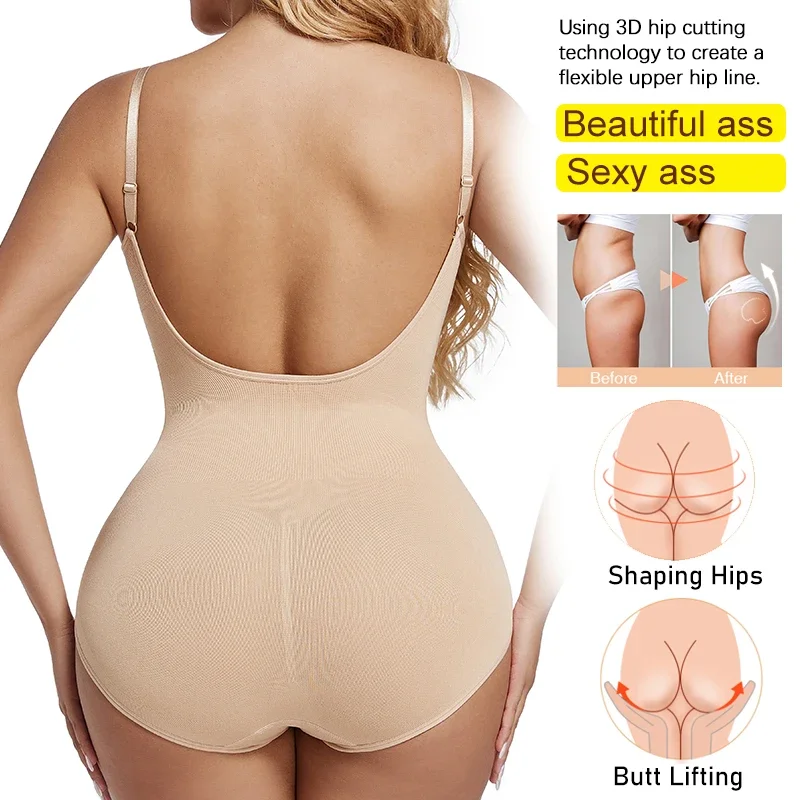 MISSMOLY Womens Low Back Shapewear Bodysuits Open Crotch Body Shaper Tummy Control Push Up Corset Camisole Backless Underwear