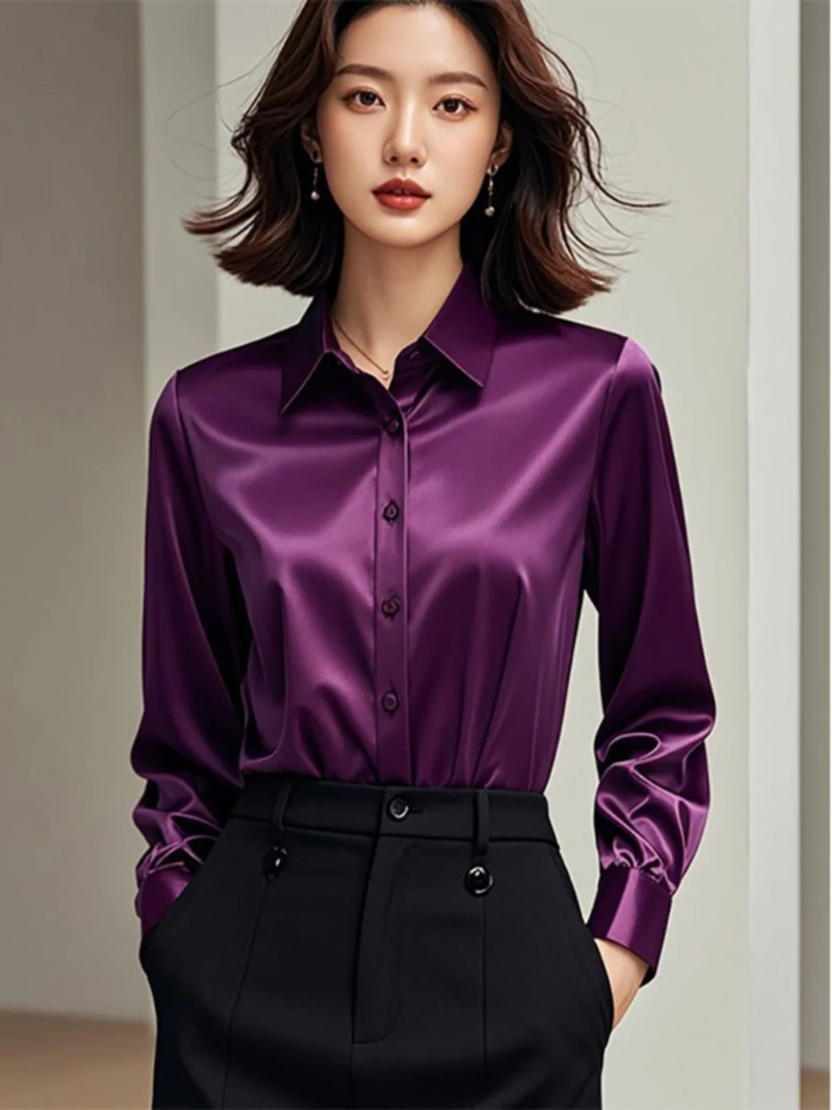 Elegant Purple Silk Satin Long Sleeve Women's Shirt Professional Fashionable Commuting Style Autumn New Arrival Loose Fit Pol...