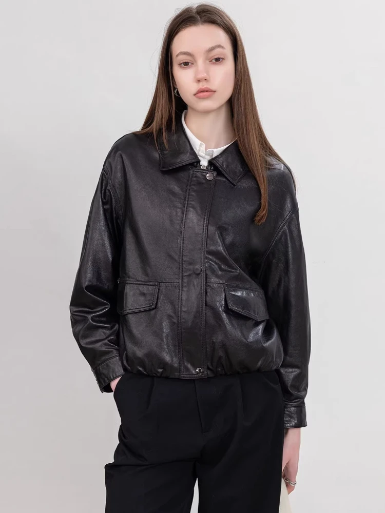 

Casual Short Genuine Leather Shirt Jackets for Women Spring Autumn High-end Simple Loose Soft Oil Wax Black Real Sheepskin Coat