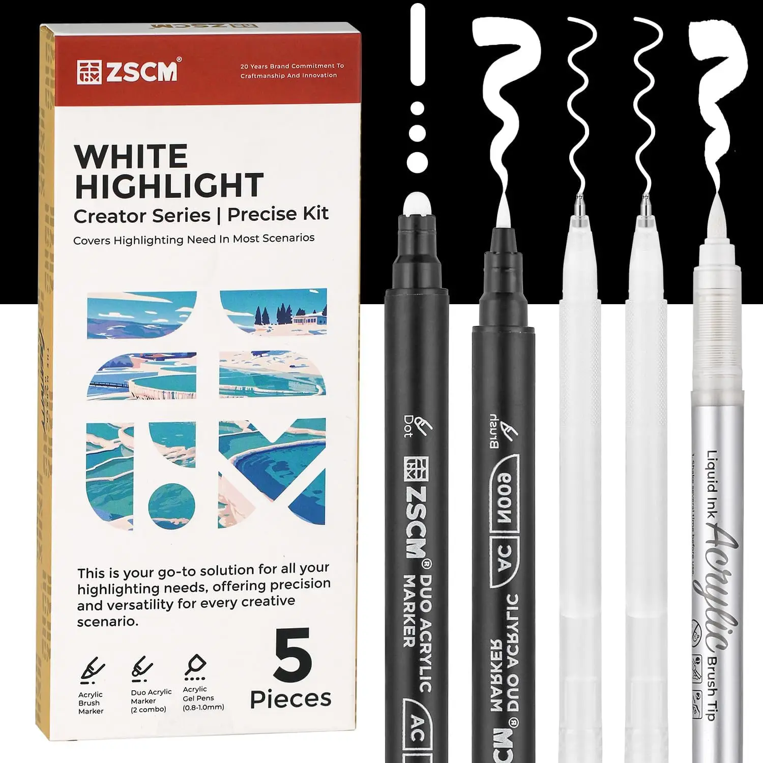

5-Pack White Acrylic Ink Pens for Drawing, Fine Point Gel Pens, Opaque Markers for Black Paper Sketching and Card Making