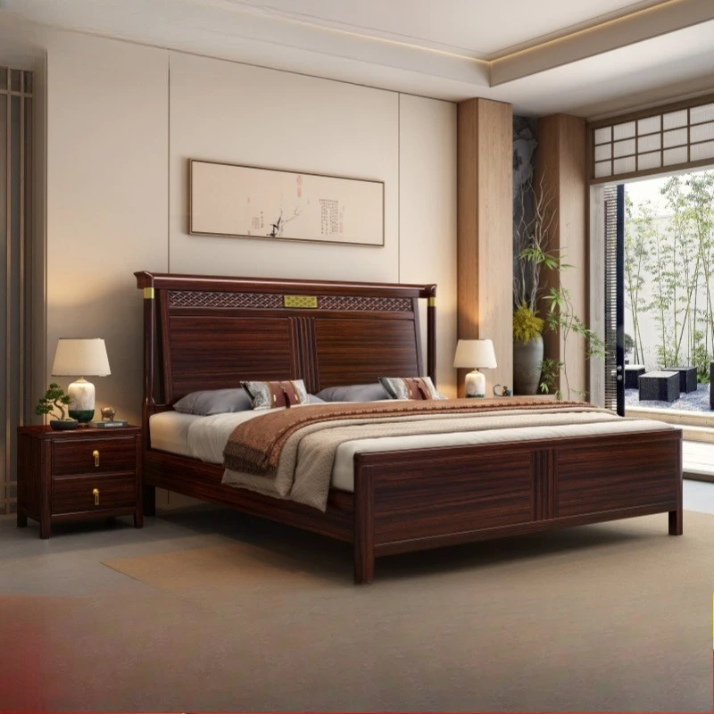 New Chinese Black Gold Wooden Bed Home Master Double Bed B&B Hotel Bedroom Solid Wood Bed Wholesale Manufacturer