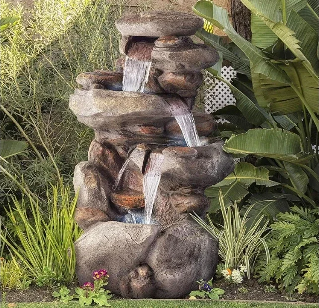 2026 Outdoor Floor 4 Tiered Rock Water Fountain for Garden, Patio, Yard with Natural Stone Look, LED Lights, 40