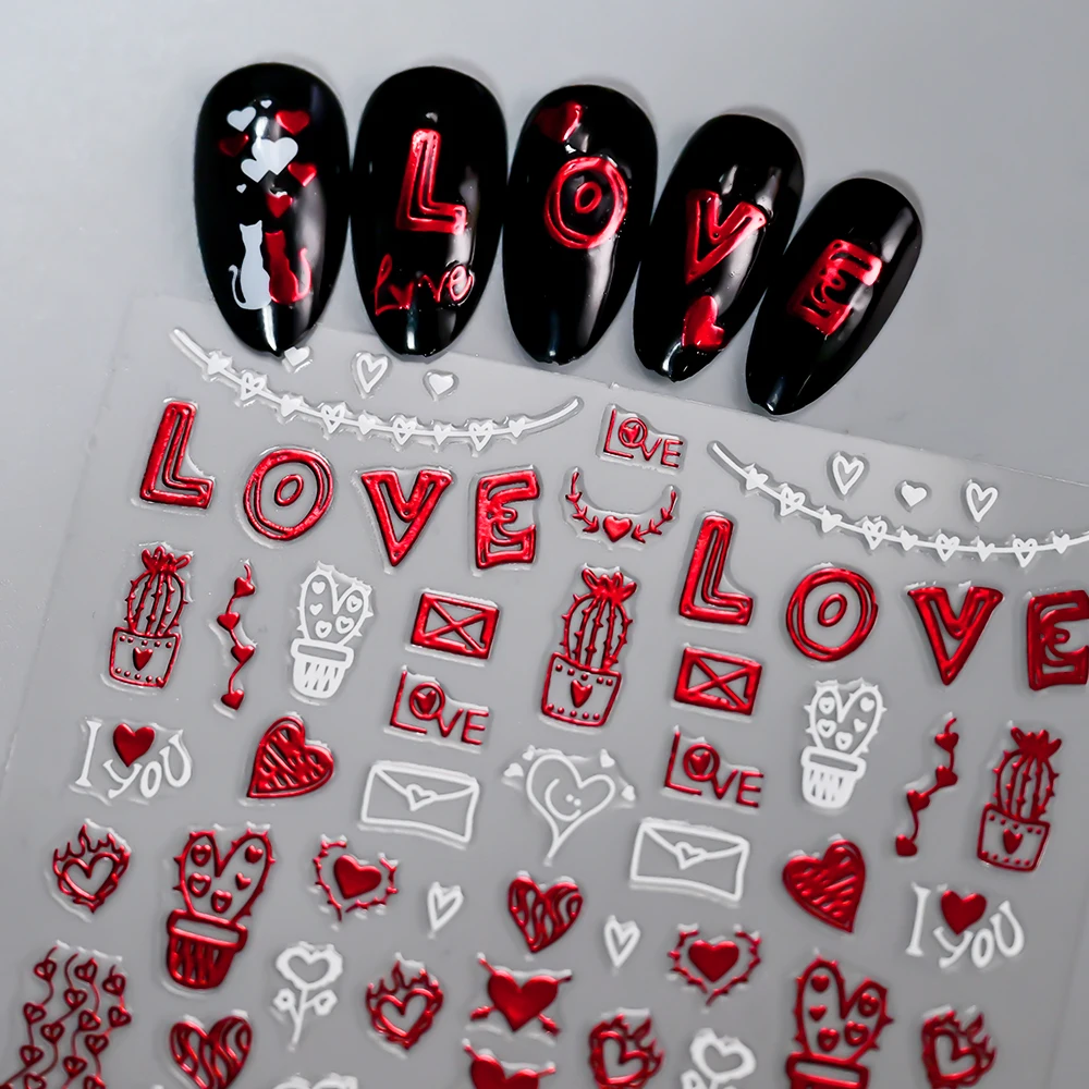 1Sheet 3D Red Heart Laser Nail Sticker Letter Flower Self-Adhesive Slider Valentine's Day Series Nail Decals Manicure Decoration