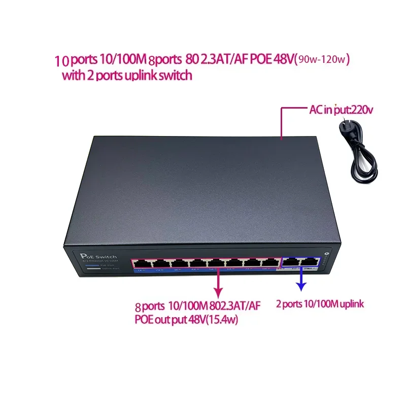 Anddear Passieve 10 Poort Poe Switch 48V 4/5 + 7/8-Ethernet 10/100Mbps Switch Poe 8 Port Power Voor Cctv Camera Ip Camera 'S