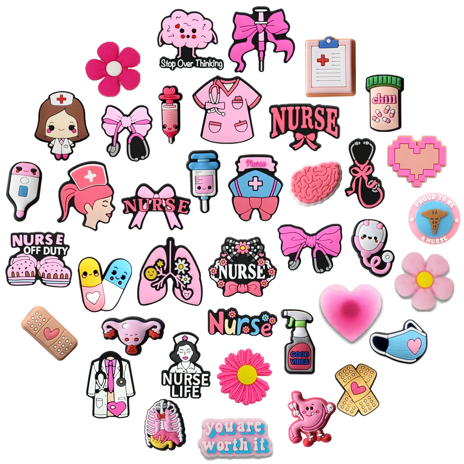 Random 10-50Pcs Doctor Pink Series Shoe Charms For Key Chain Sandals Beach Bags, DIY Shoe Decorations Accessories Shoes Pins