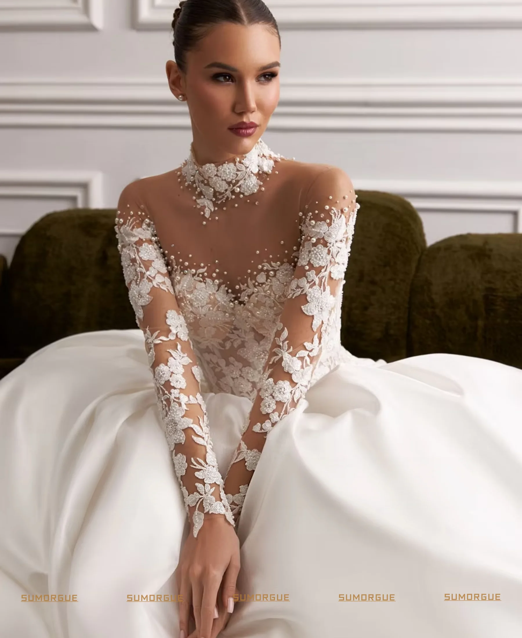Elegant Charming Vintage Satin Applique lace Wedding Dresses Lace Princesa Bridal High-end Customized Vestidos De Novia
