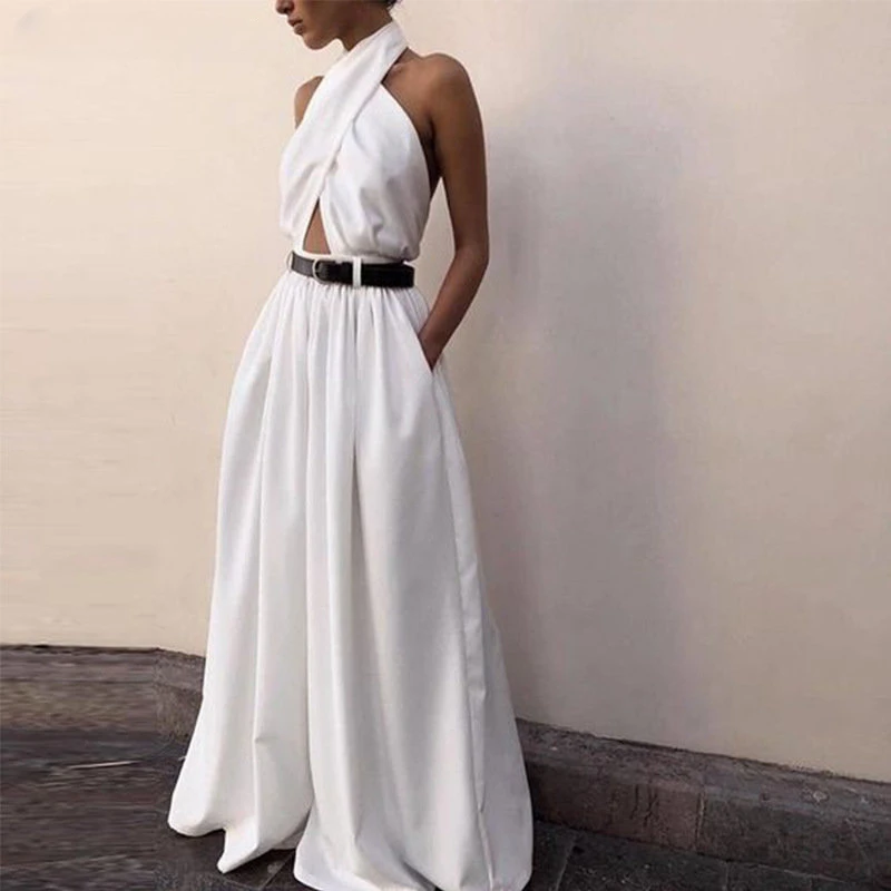 Women Sexy Backless Jumpsuits Halte Sleeveless Slim High Waist Sping Summe Thin Lady Elegant Streetwear Long Wide-leg Pants