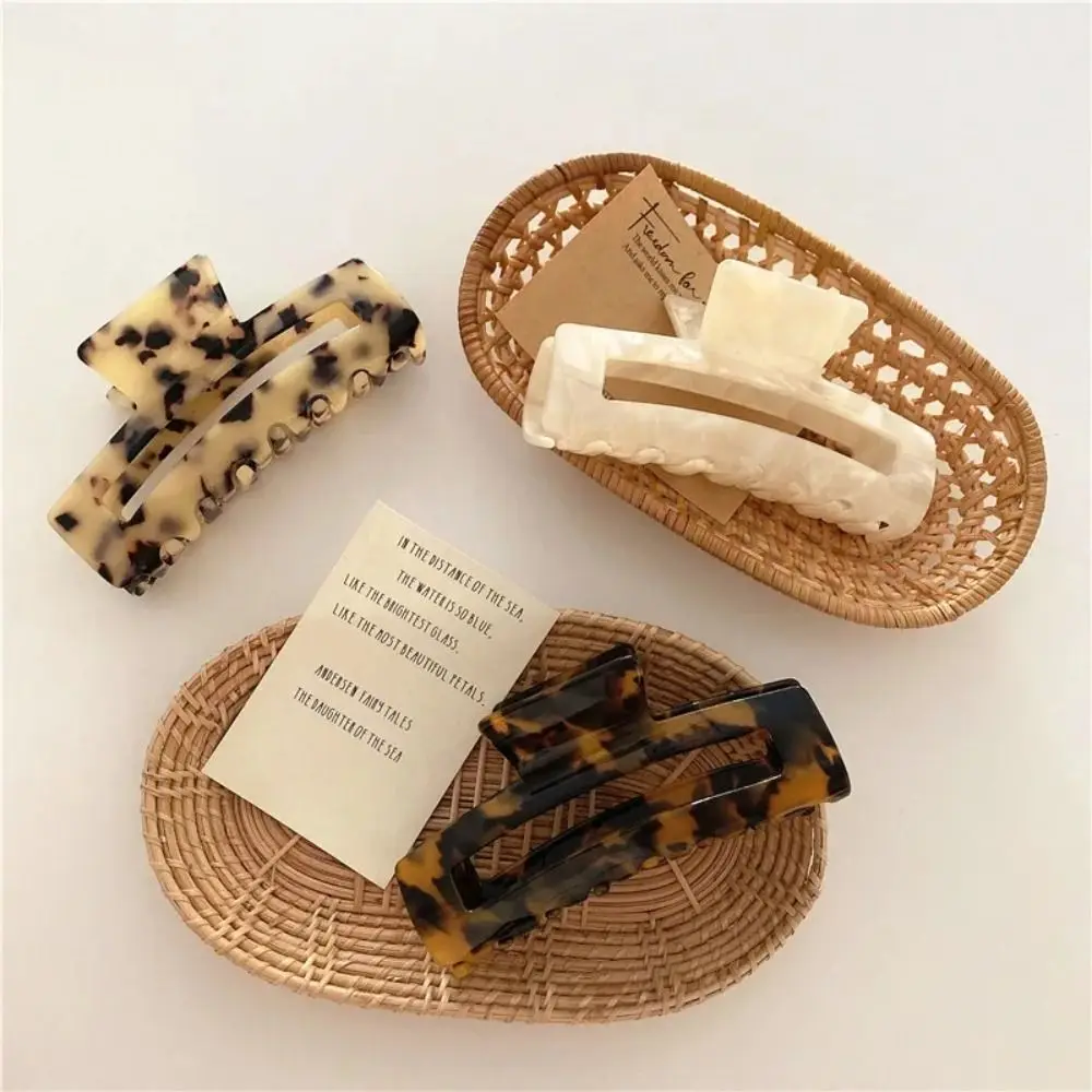 

French Style Rectangular Hollow Hair Claw Leopard Print Large Size Acetic Acid Hair Clip Headwear Geometry Shark Clip Streetwear