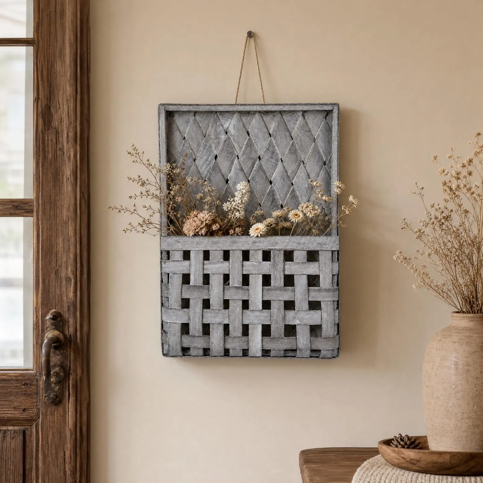 Hanging Wood Wall Basket with Open Weave Design for Fresh Flowers and Lightweight Organizing
