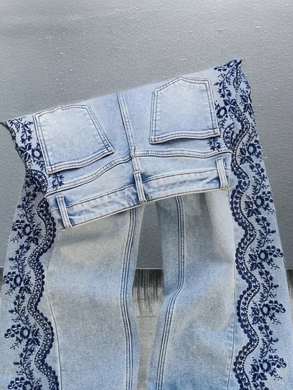 

Весенние джинсы свободного кроя синего цвета с боковой вышивкой бисером, с высокой талией, широкими штанинами, повседневные, женские, премиум-класса