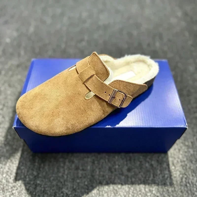 2026 Winter Men Women Clogs Mules Retro Leather Fashion Furry Lined Thick Soled Cork Closed Toe Slip On Outdoor Women's Shoes
