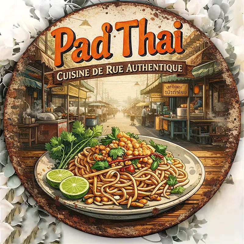 2D Metal Sign 8x8in Round Aluminum Vintage Pad Thai Street Food Decor Kitchen Restaurant Bar Gift