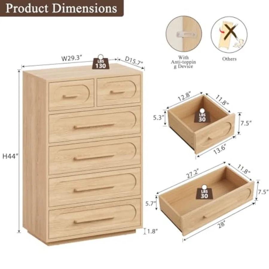 6 Drawer Dresser for Bedroom: MDF Wood, White, Space-Saving Tall Design with Smooth-Glide Drawers