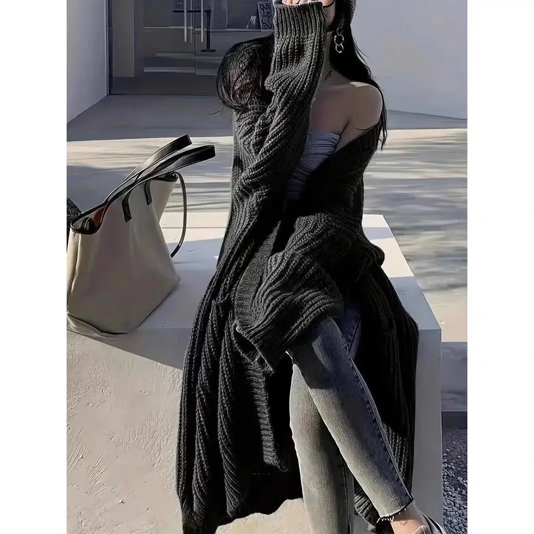 

Long Cardigan 2025 Spring Knitted Women's Loose V-neck Solid Color Autumn Elegant Sweet Jacket Large Size Y2k Sweater Jacket