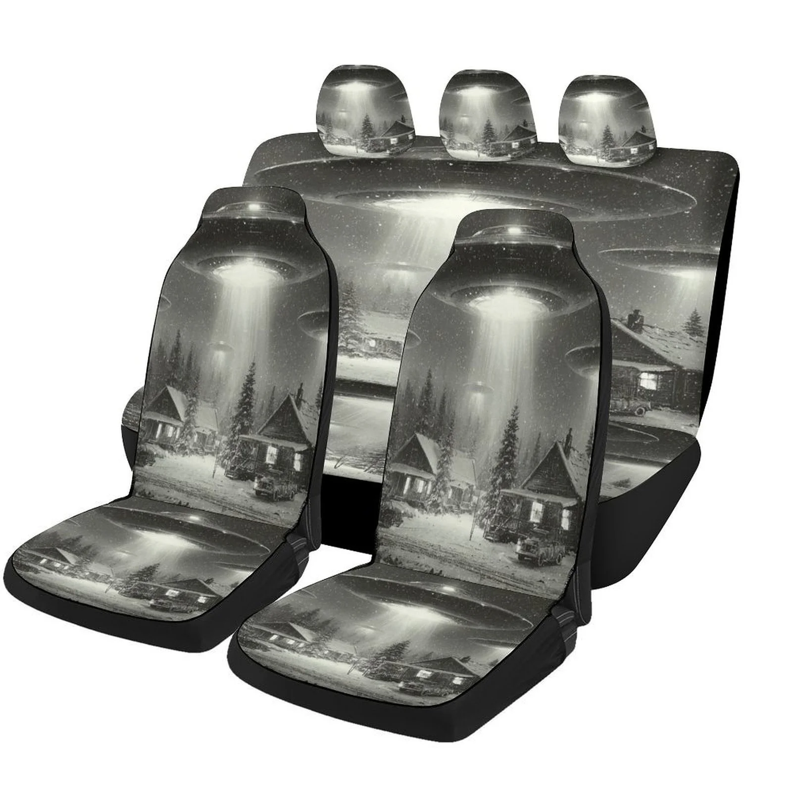 Set Of Car Seat Covers Featuring A Spaceship Village Design, Suitable For Most Vehicles. These Trendy And Unique Decorative Cove