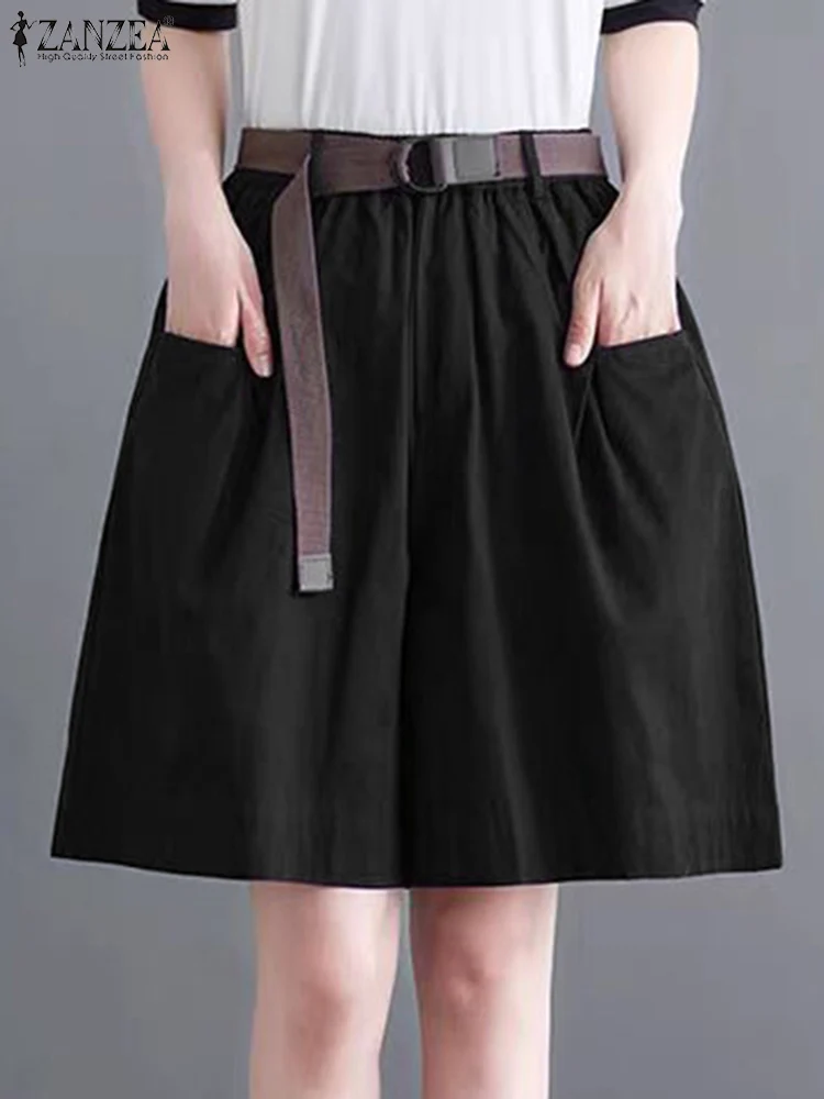 ZANZEA Elastic Waist Shorts Women Casual Solid Color Short Wide Leg Pants 2025 Loose Korean Style Trousers Pockets Bottoms