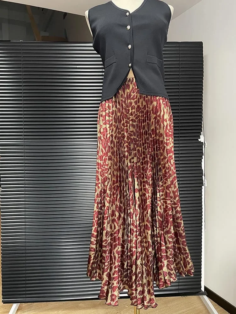 Glanzende luipaardprint luxe sexy hoge taille vrouwen midi rok 2025, zomer elastische plooirok oude geldstijl mininaal stijl