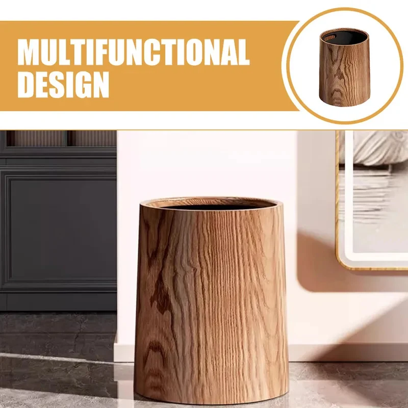 Durable Wood Grain Garbage Can with Open Design, Modern Style, Ideal for Home, Office, Kitchen and Various Occasions.