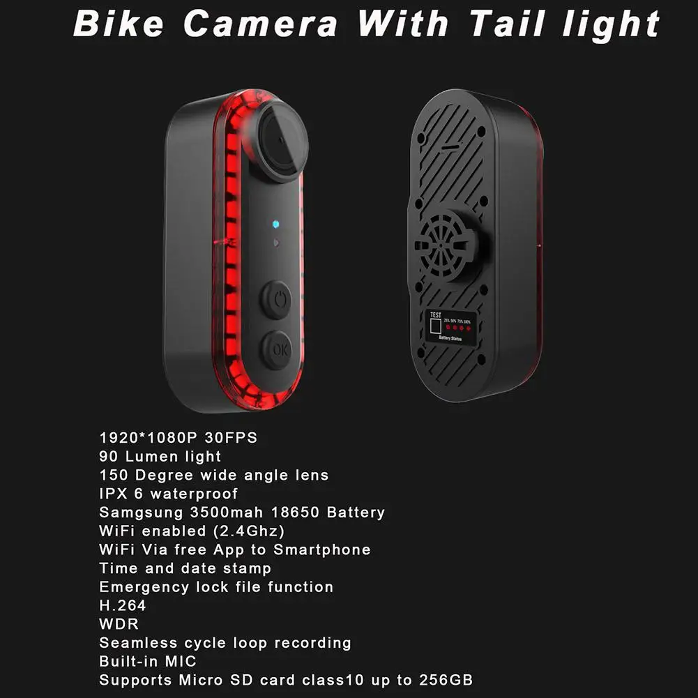 Bicycle Rear Light Camera Recorder IPX6 Waterproof Bike Tail Light Waterproof Handlebar Bicycle Mirror Camera for Mountain Road