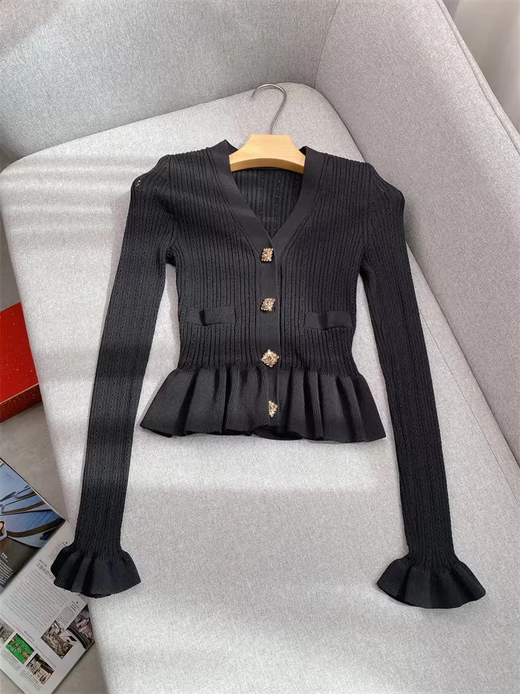 High Quality Early Autumn New Black Knit Cardigan Women Gold Buckle Ruffles V-neck Slim Fit Sweater Tops Ladies