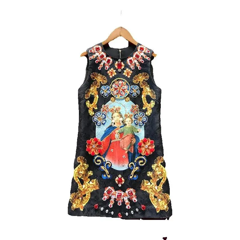 Retro Palace Style Printing Elegant Sleeveless Tank Dress Summer Black Party Dress O-neck Jacquard Diamonds Short A-line Dress