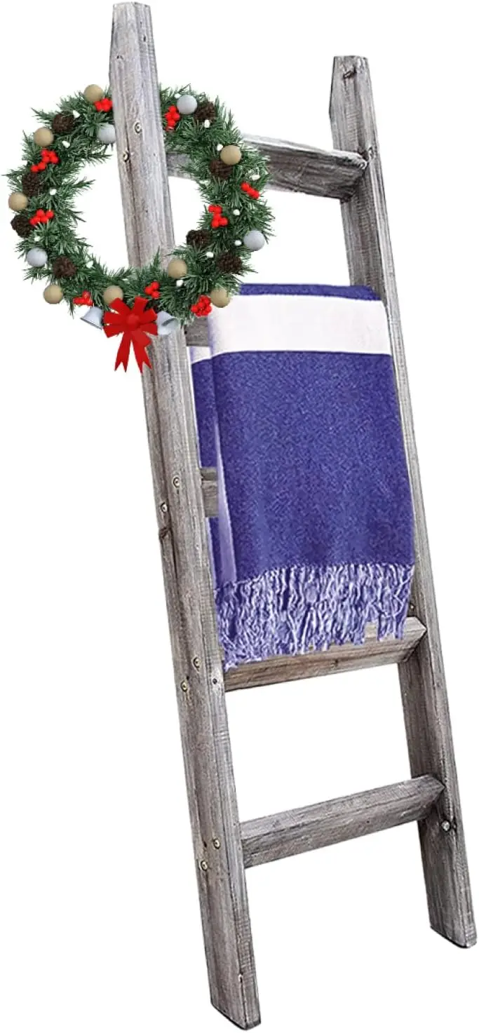 

Blanket Ladder 5 Ft - Premium Wood Rustic Ladder Shelf - Stepladder Shelf For Quilt - Rustic Farmhouse Decor - Vintage Blanket