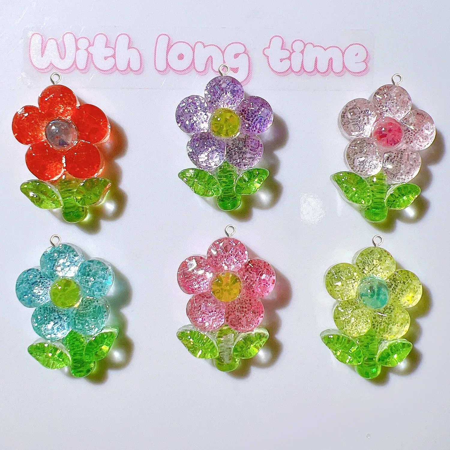 10Pcs Shiny Glitter Flower Resin Pendants With Green Leaves Eye Pin Charms DIY Handmade Jewelry Key Chain Craft Supplies Ring