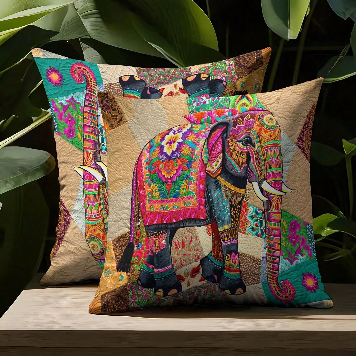 Boho Ethnic Elephant Throw Pillow Cover Colorful Patchwork Floral Animal Cushion Case Vintage Bohemian Art Pillowcase for Sofa C
