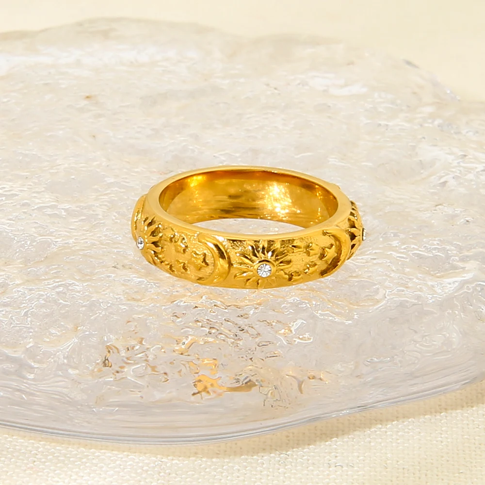 

INS Celestial Star Moon Ring 18K Gold Plated Cubic Zirconia Waterproof Stainless Steel Shining Rings Gift for Women