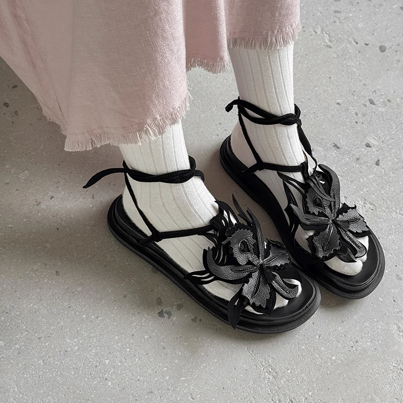 Genuine Leather Platform Sandals Women Fashion black flower  flat sandals Summer Casual Shoes Handmade  heeled sandals