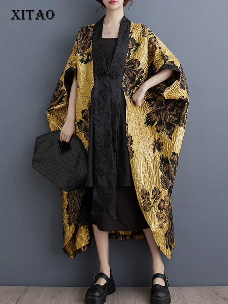 XITAO Bat Wing Sleeve Female Trench Flowers New Chinese Style Women Yellow Patchwork Vintage Loose 2023 Winter Coat DMJ3790