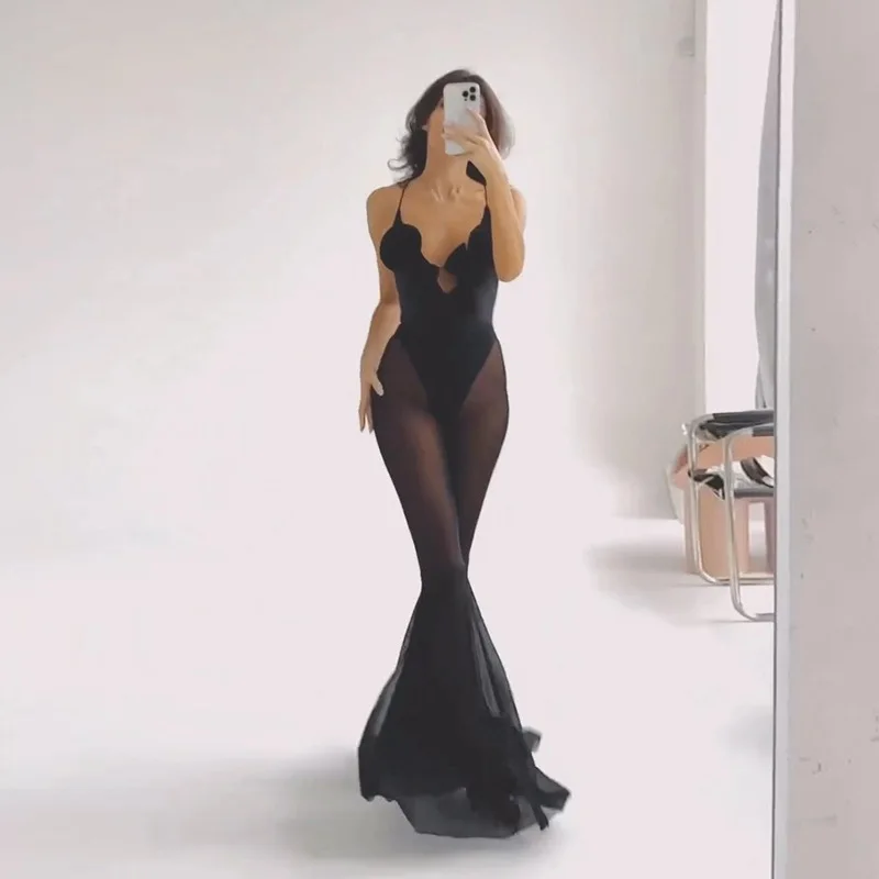 

Spring and Summer Fashion Sexy Hot Girl Mesh Splicing Perspective Design Trumpet Jumpsuit for Women