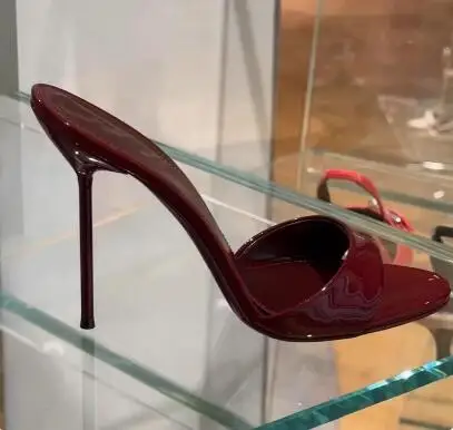 Size 33 Women Fashion Burgundy Nude Patent Leather Round Open Toe One Line Slip On 8 10 CM High Heels Slippers Female Sandals