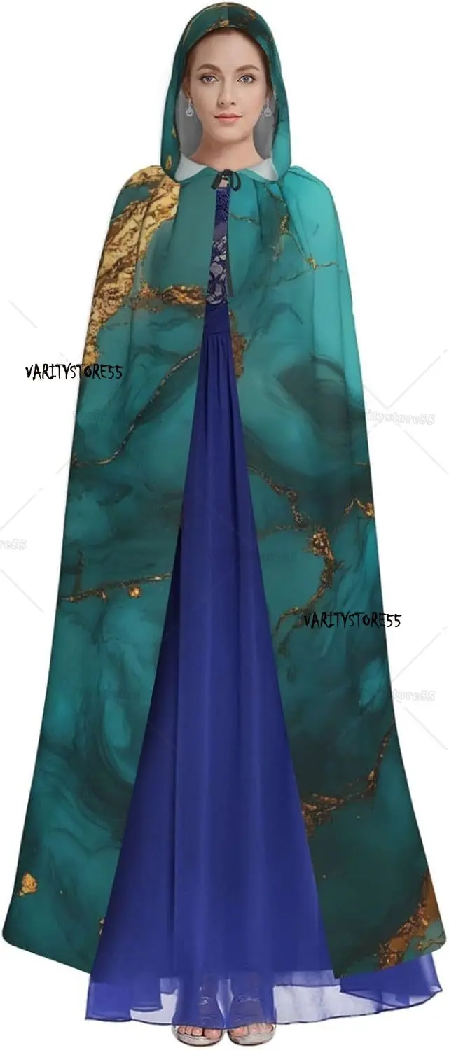 Emerald Color Gold Marble Print Adult Cloak with Hood Halloween Christmas Witch Wizard Party Costume