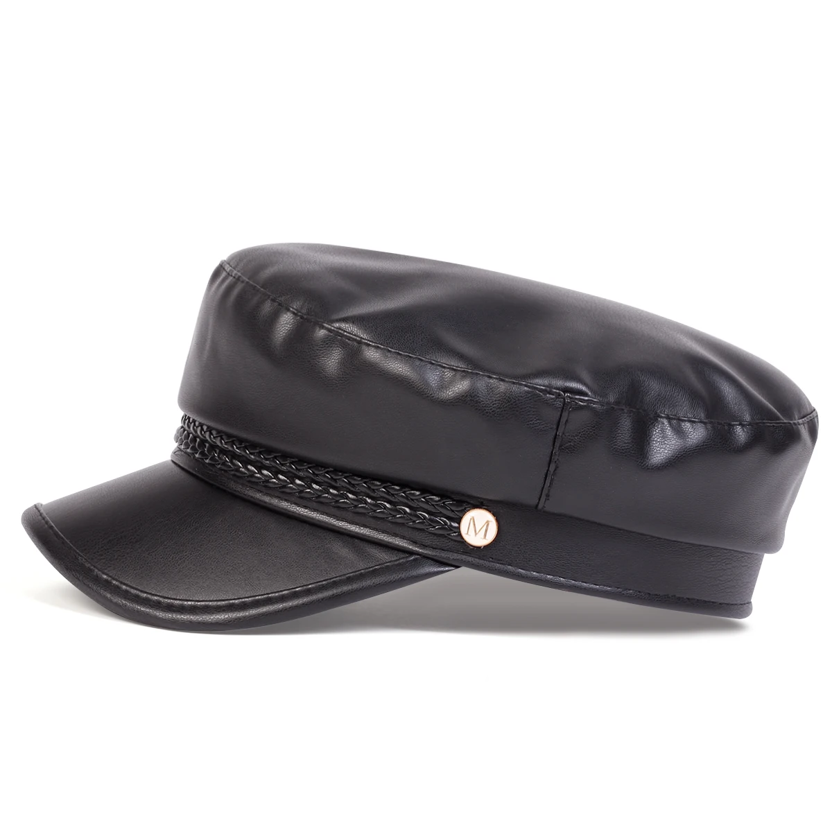 Unisex Nieten-Schnallen-Lederhut Frühling Herbst Matrosenhüte Schwarze Baskenmütze Herren Flacher Kapitänsmütze Militärkappe – Detail 27