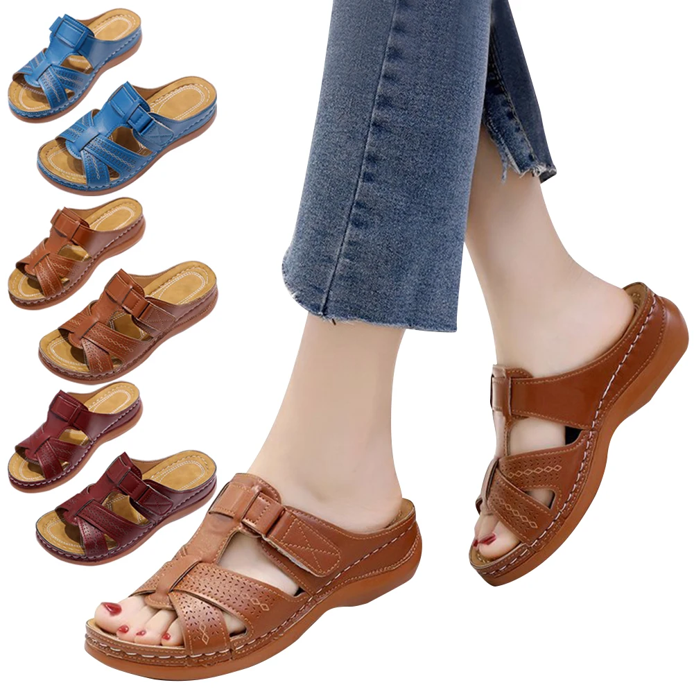 New Summer Women Wedge Sandals Premium Orthopedic Open Toe Sandals Vintage Anti-slip Leather Casual Female Platform Retro Shoes