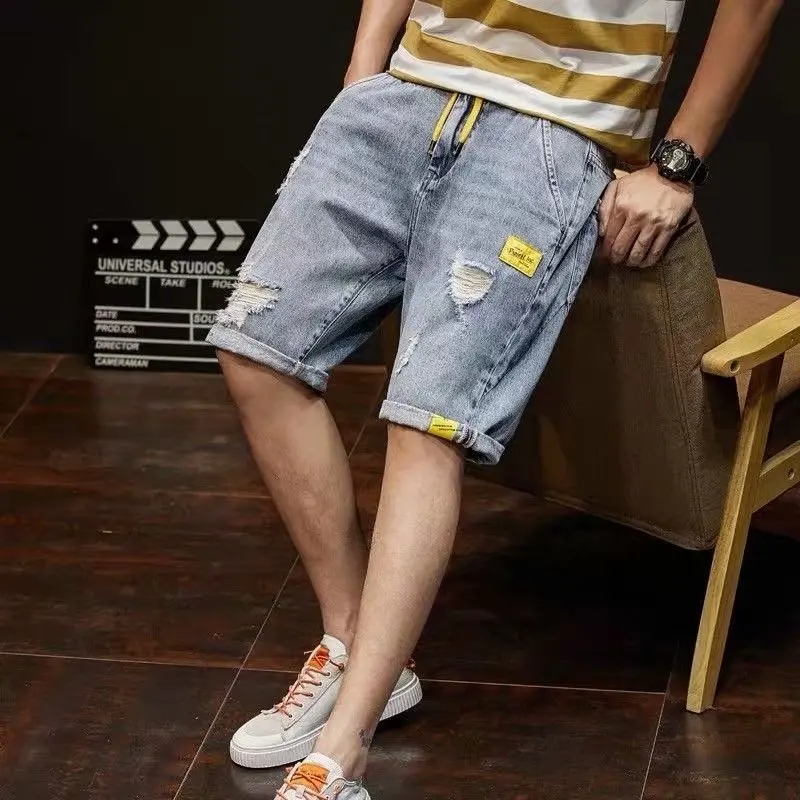 Summer Printed Lightweight Stretch 5-Pocket Denim Shorts Men's Korean Slim Casual Trousers