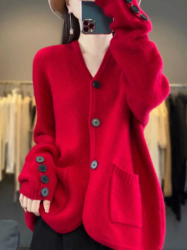 

New Fashion Women button Cardigan Autumn Winter 100% Merino Wool Knitwear V-neck Cashmere Sweater Grace Soft Casual Loose Tops