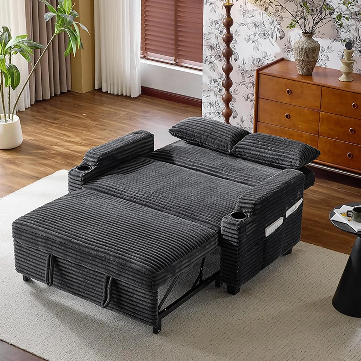 Dark Gray Futon Sofa Bed Convertible Loveseat Sleeper Sofa Couch, Corduroy Pullout Sofa Fold Out Couch Bed with USB Ports, Cup H