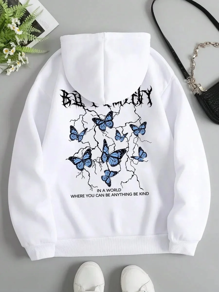 

Aesthetic - Style Pure Cotton Hoodie Featuring Blue Butterflies and Inspiring Text - Trendy Choice for Dreamy Souls Kindness